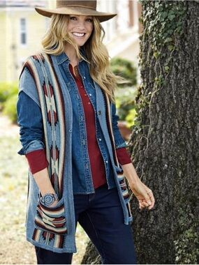 Chaps Women’s Southwestern Aztec Print Knit Sleeveless Cardigan Duster Size S